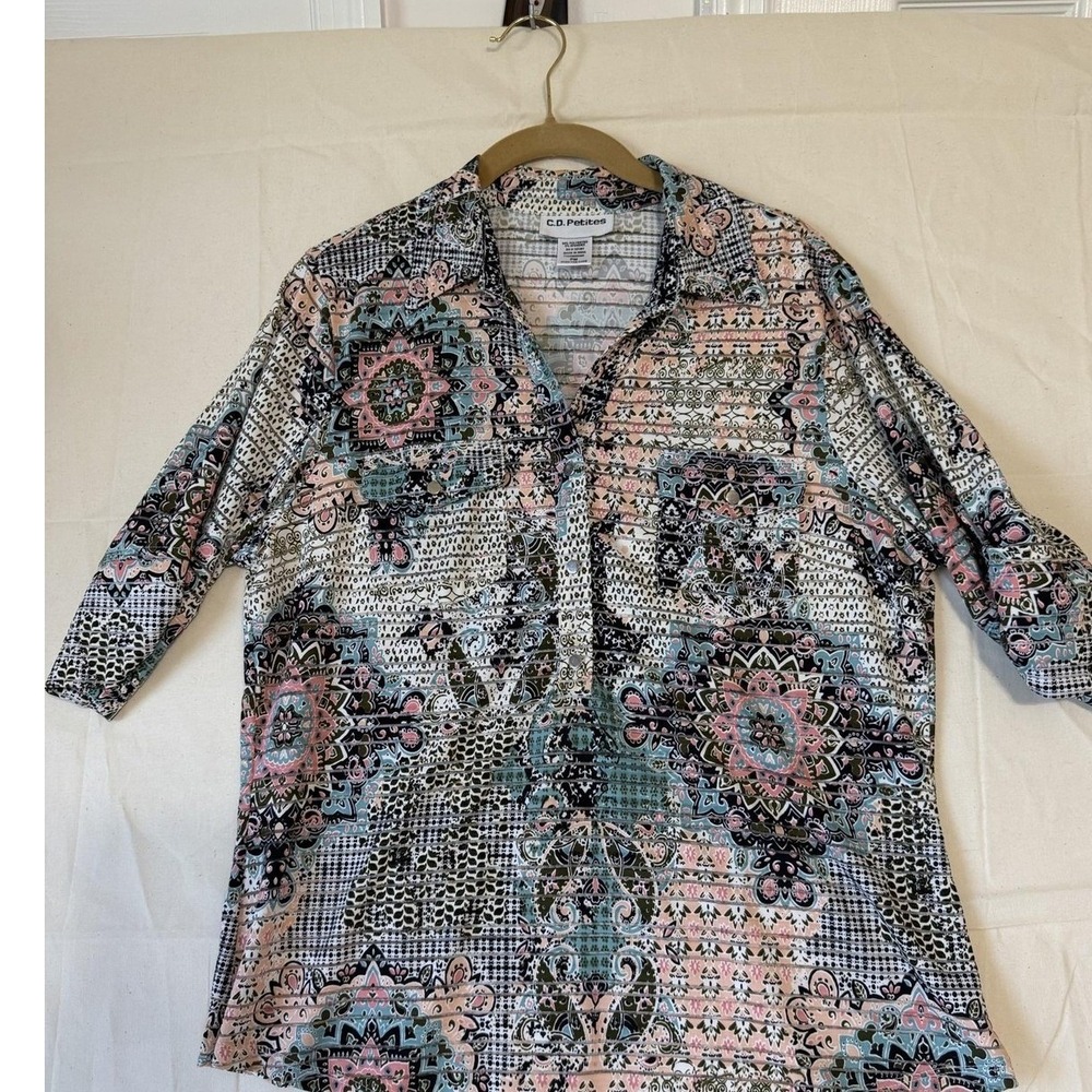 C.D. Petites Top Womens PM Multicolor Geometric 3/4 Sleeve Tunic Shirt Stretch